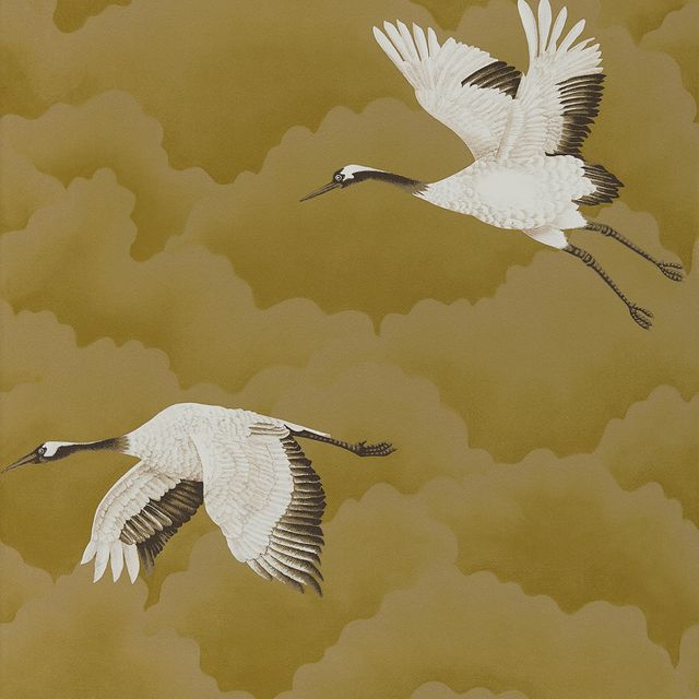 Cranes In Flight Antique Gold Wallpaper