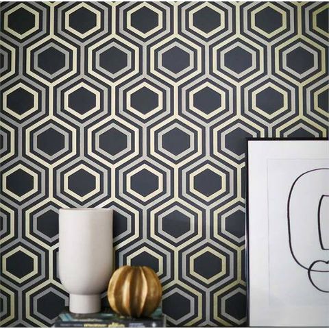 Harlequin Salinas Prints & Weaves Selo Ebony/Gold Wallpaper