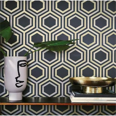 Harlequin Salinas Prints & Weaves Selo Ebony/Gold Wallpaper