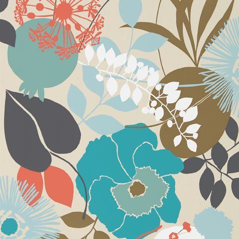 Doyenne Sky/Olive/Coral Wallpaper