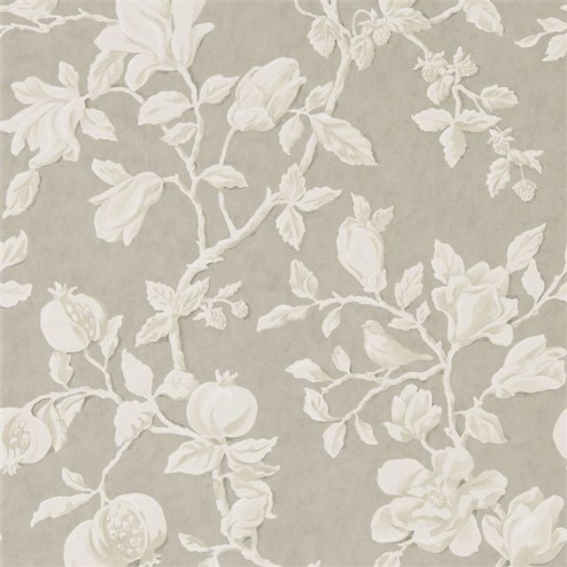 Sanderson Woodland Walk Wallpapers Magnolia & Pomegranate Silver/Linen Wallpaper