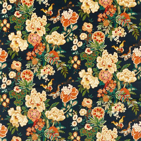 Emperor Peony Midnight/Apricot Upholstery Fabric