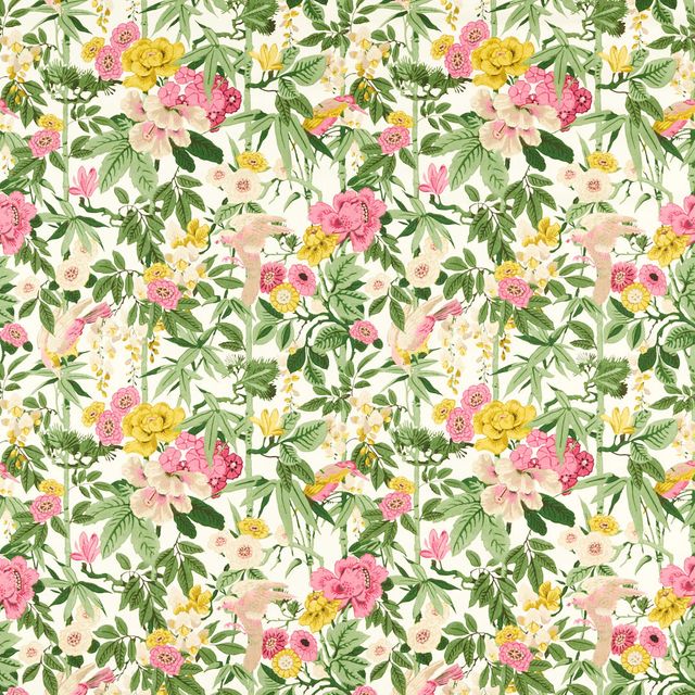Sanderson Water Garden Bamboo & Bird Scallion Green/Fushia Upholstery Fabric