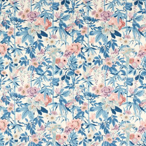 Bamboo & Bird China Blue /Lotus Pink Upholstery Fabric