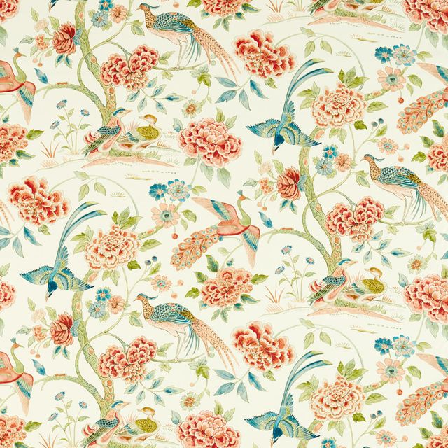 Sanderson Water Garden Indienne Peacock Cinnabar Red/ Olive