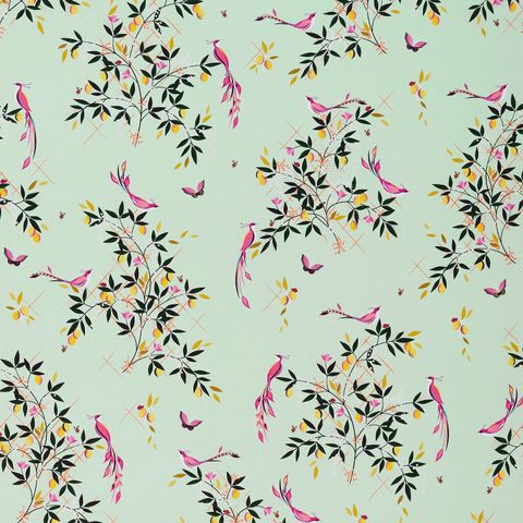 Bird and Trellis Sateen Duck Egg Voile Fabric