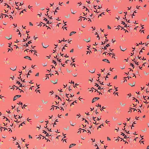 Butterflies and Trellis Sateen Peach Voile Fabric