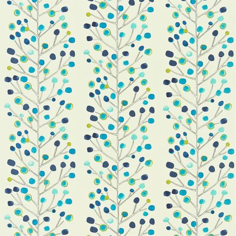 Berry Tree Peacock Powder Blue Lime And Neutral Voile Fabric