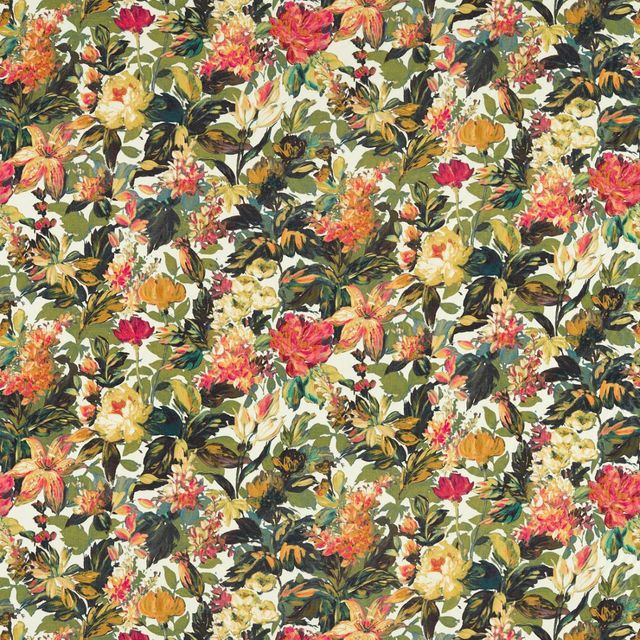 Clarke and Clarke Marianne Fabric LILUM OLIVE/RASPBERRY