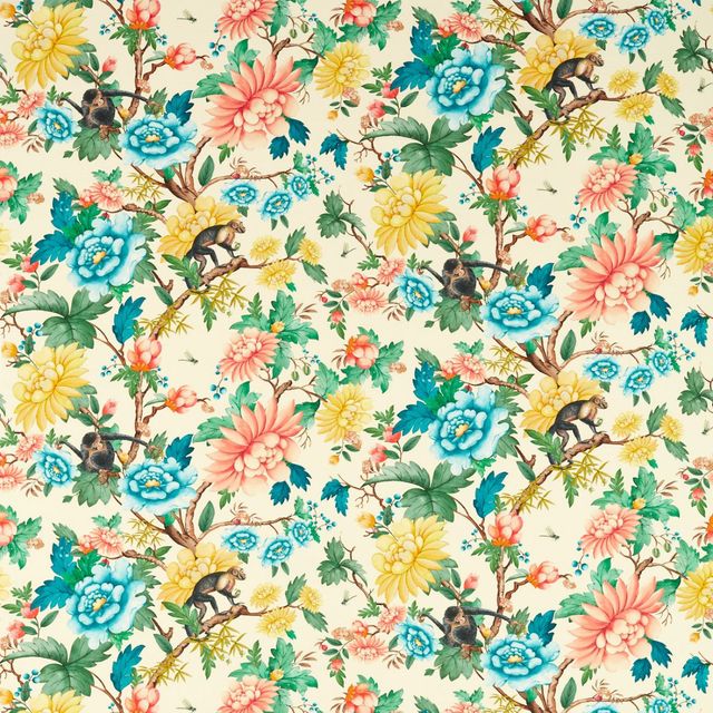 Clarke and Clarke Botanical Wonders Fabric SAPPHIRE GARDEN IVORY