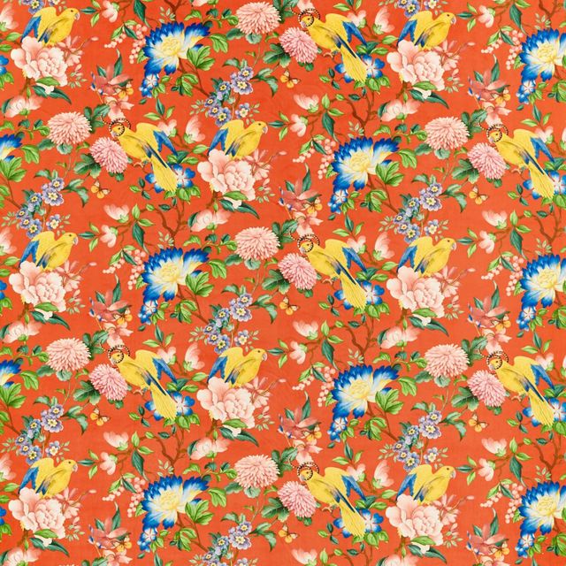 Clarke and Clarke Botanical Wonders Fabric GOLDEN PARROT CORAL VELVET