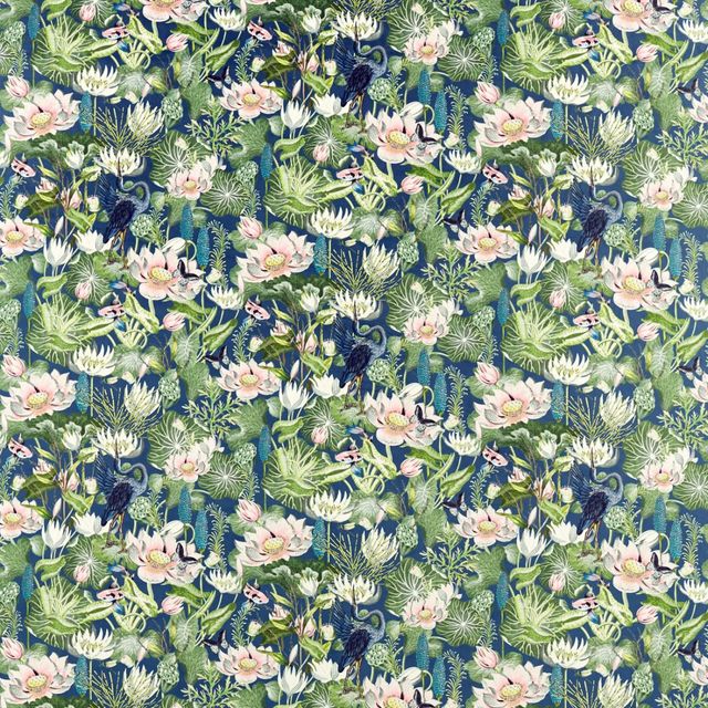 Clarke and Clarke Botanical Wonders Fabric WATERLILY MIDNIGHT VELVET Upholstery Fabric