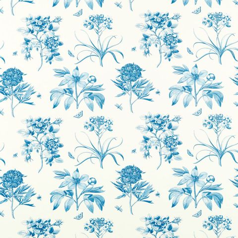 Etchings & Roses China Blue Upholstery Fabric