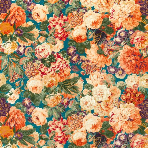 Very Rose and Peony Kingfisher/Rowan Berry Upholstery Fabric