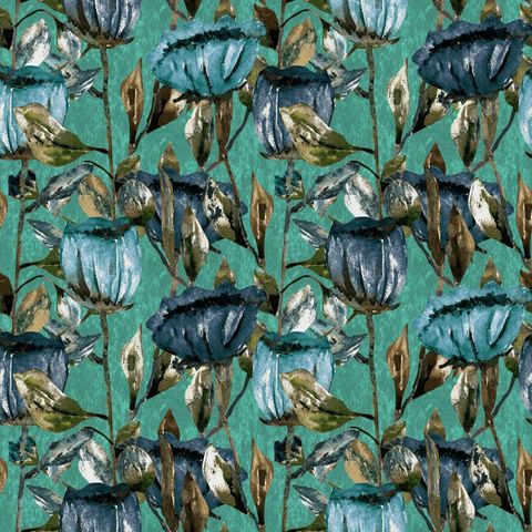 Tulippa Velvet Print Turquoise Upholstery Fabric