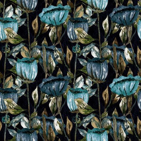 Tulippa Velvet Print Navy Upholstery Fabric