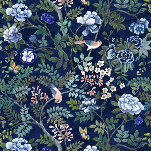 Porcelaine De Chine Velours Indigo Upholstery Fabric