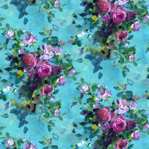 Bouquet De Roses Turquoise Upholstery Fabric