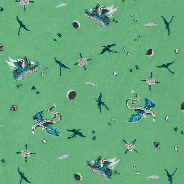 Clarke and Clarke Mythica Fabrics Draco Cosmos Embroidery Green