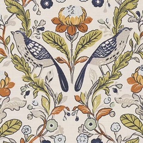 Orchard Birds Denim/Spice Upholstery Fabric