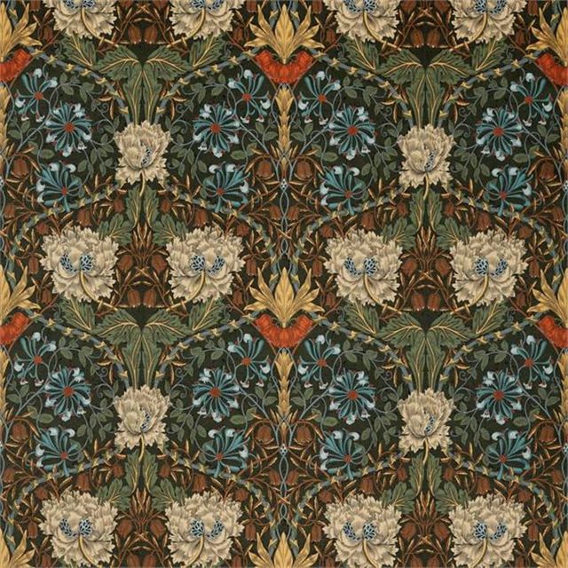 William Morris Rouen Morris Velvets Fabrics Honeysuckle And Tulip Velvet Forest/Chestnut