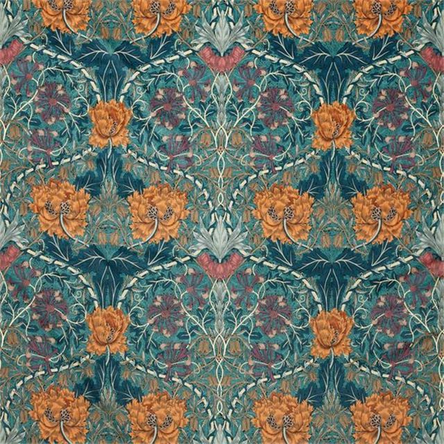 William Morris Rouen Morris Velvets Fabrics Honeysuckle And Tulip Velvet Woad/Mulberry