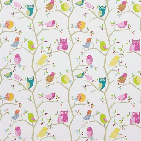 What A Hoot Pink Aquamarine Lime and Natural Upholstery Fabric