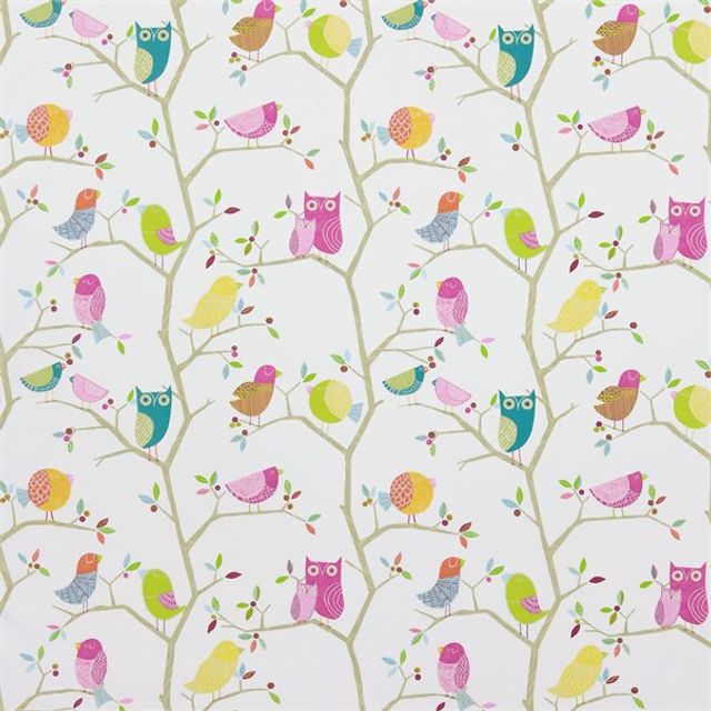 Harlequin What a Hoot Fabrics What A Hoot Pink Aquamarine Lime and Natural