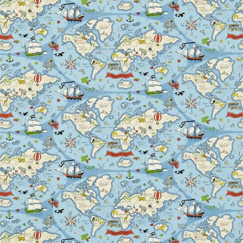 Treasure Map Sea Blue Upholstery Fabric