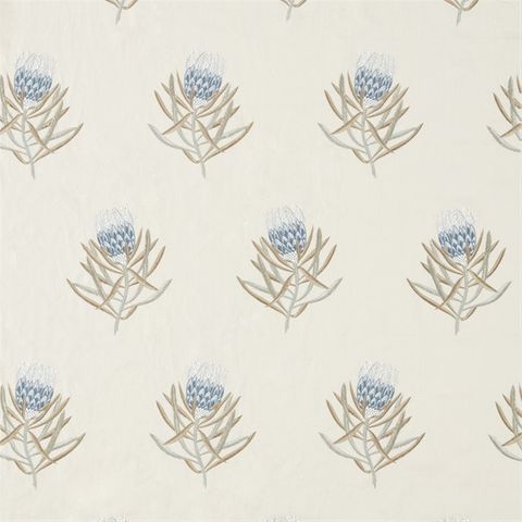 Protea Flower China Blue/Linen Voile Fabric