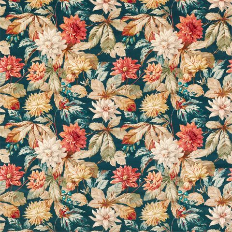 Dahlia & Rosehip Teal/Russet Velvet Upholstery Fabric