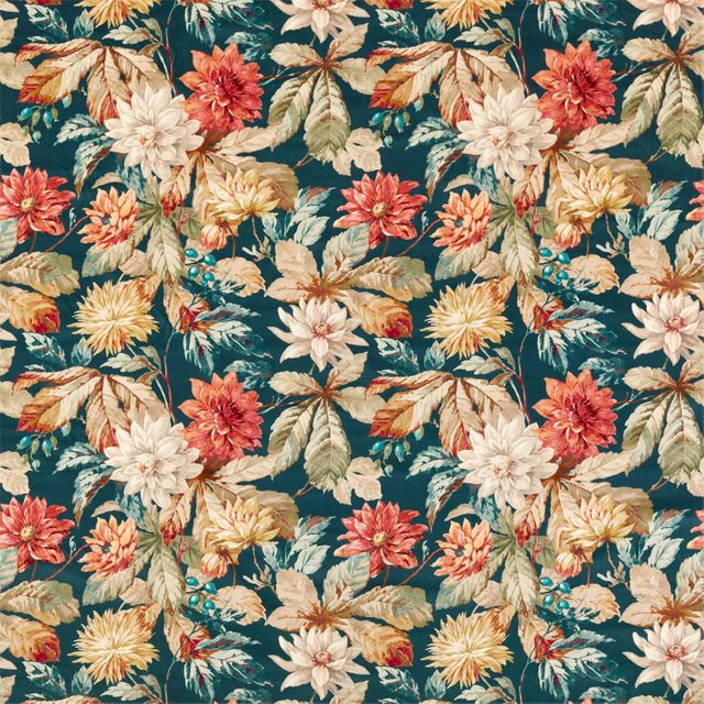 Sanderson Elysian Fabrics Dahlia & Rosehip Teal/Russet Velvet