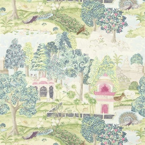 Peacock Garden Moss/Pink Upholstery Fabric