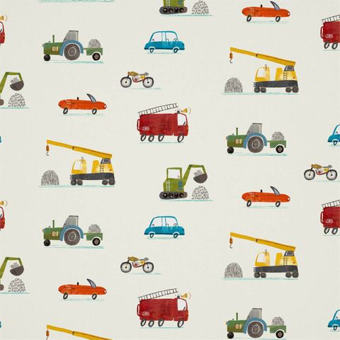 Just Keep Trucking Tomato/Marine/Gecko Upholstery Fabric