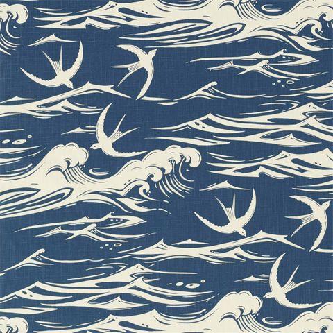 Swallows at Sea Navy Upholstery Fabric